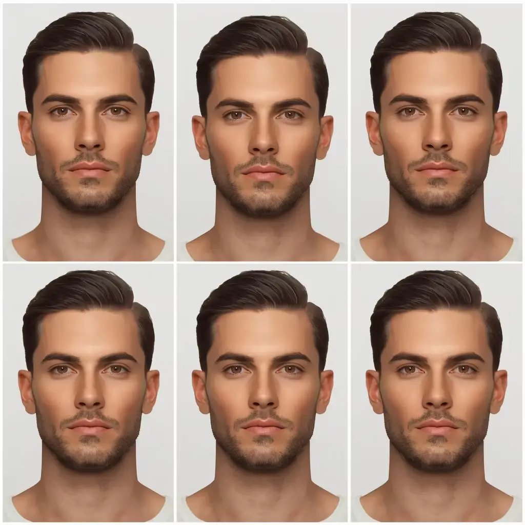 Grid of six portrait studies of men with diamond-shaped faces, prominent cheekbones, and narrower foreheads.