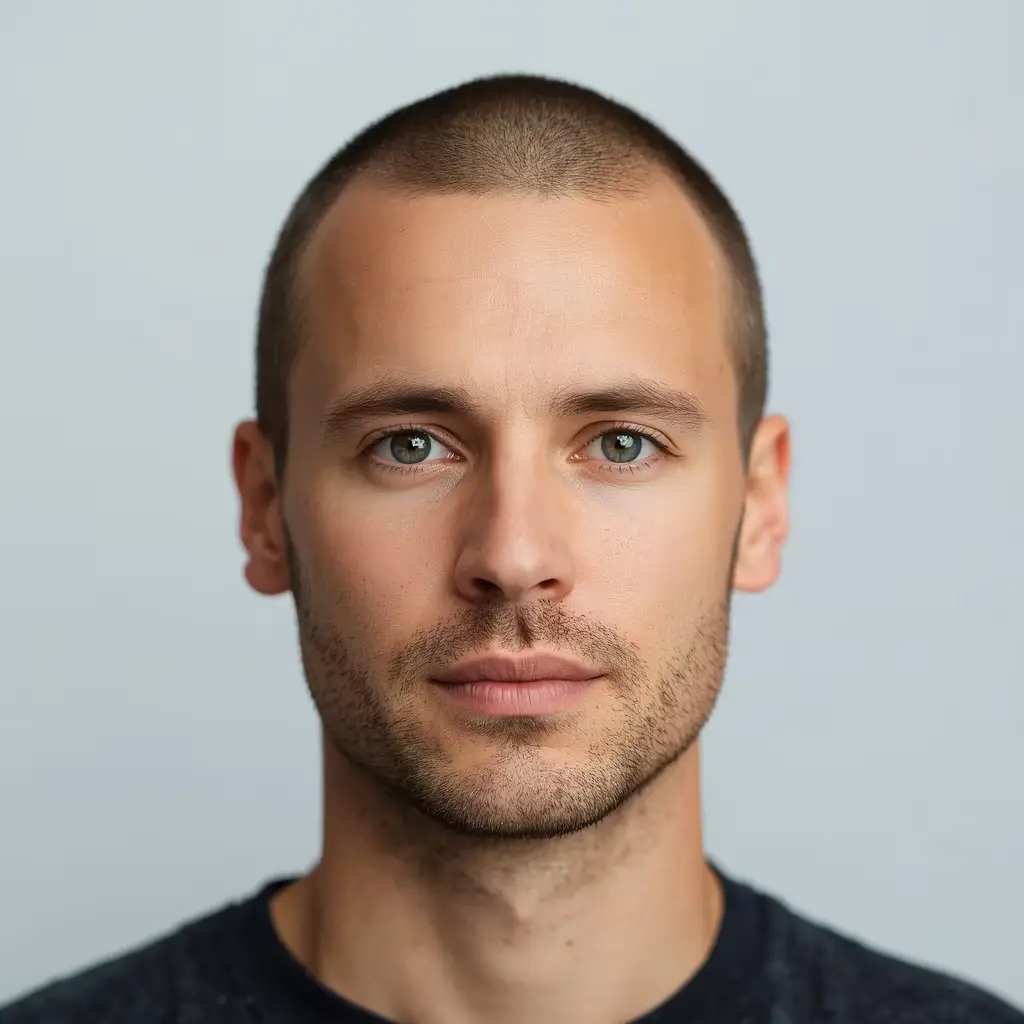 Portrait reference of a man with balanced oval facial proportions and a softly tapered jaw.