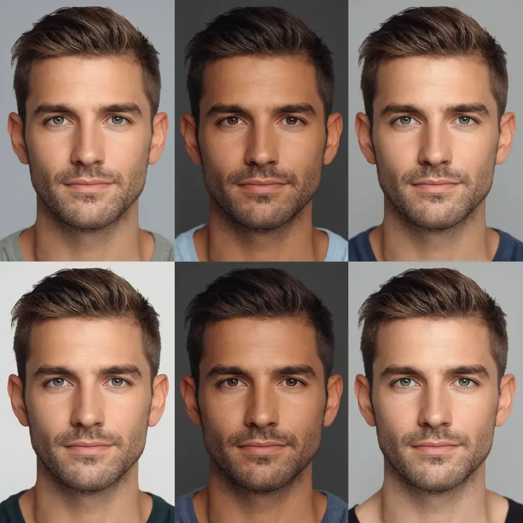 Grid of six portrait studies of men with triangle-shaped faces, broader jaws, and narrower foreheads.