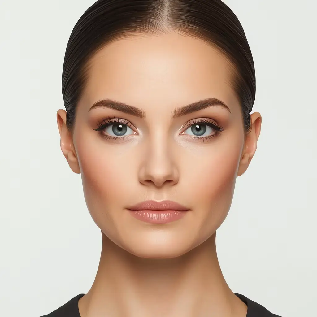 Portrait reference of a woman with a heart-shaped face, a wide forehead, and a tapered chin.