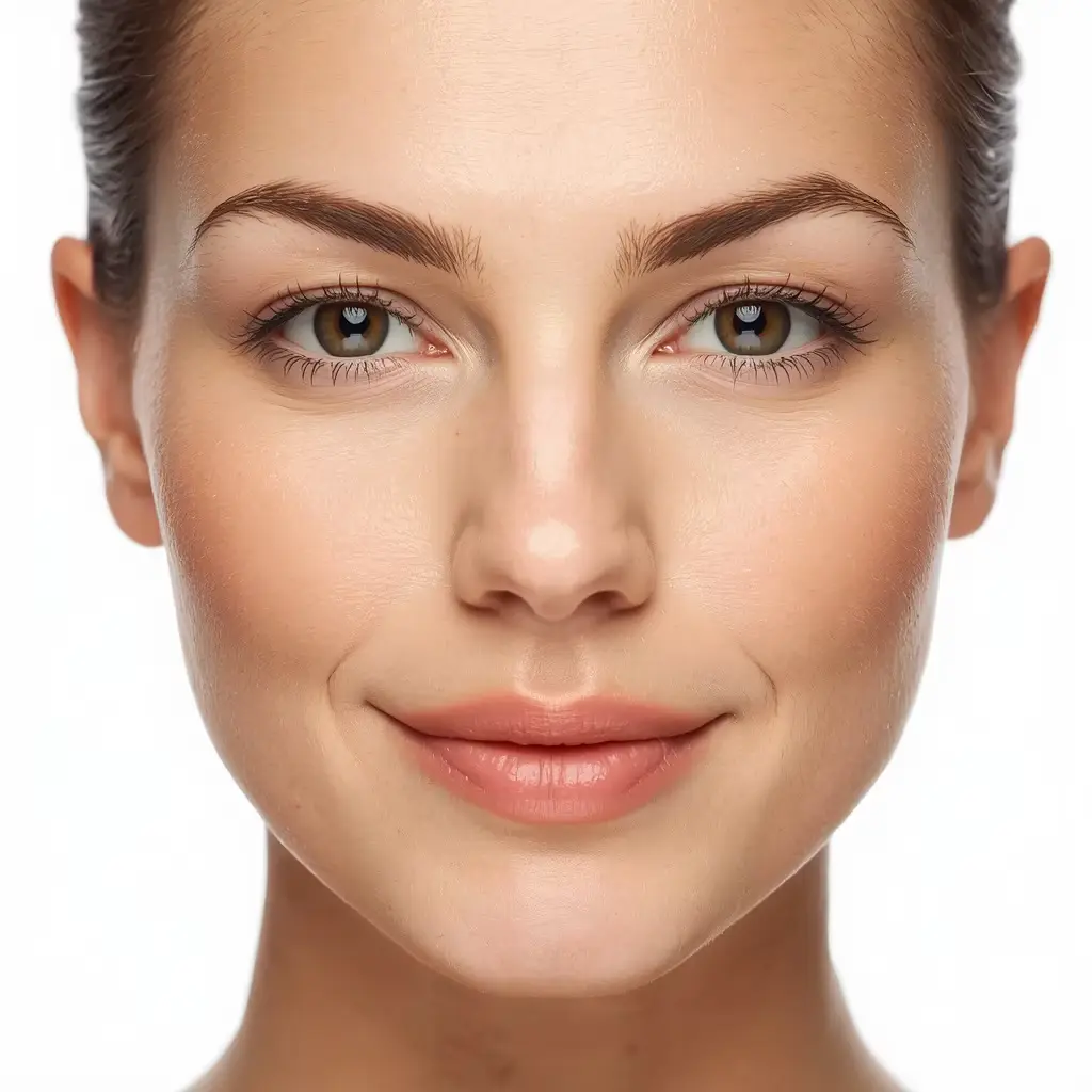 Close-up portrait reference of a woman with a round face, full cheeks, and a soft jawline.
